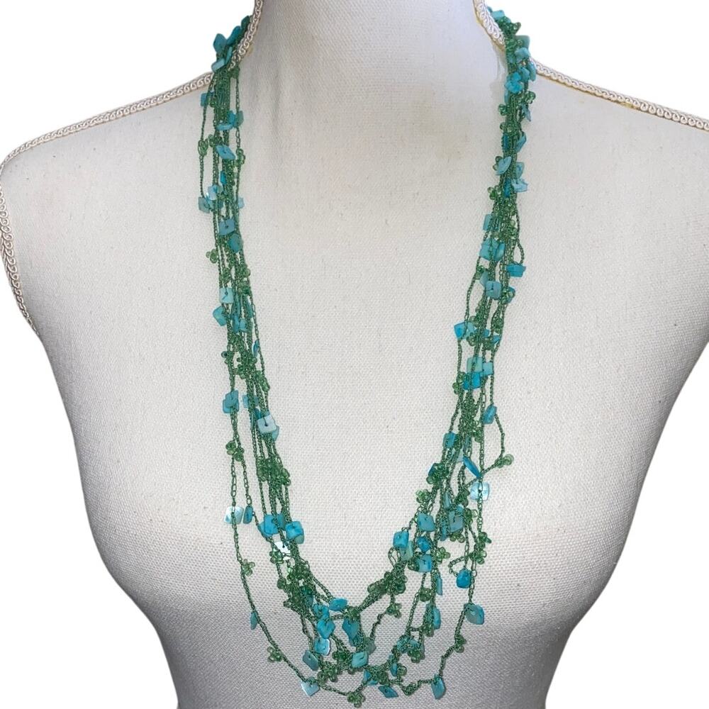 Vintage Multi Strand Hand Thread Chip Stone Turquoise Teal Necklace Mermaid boho